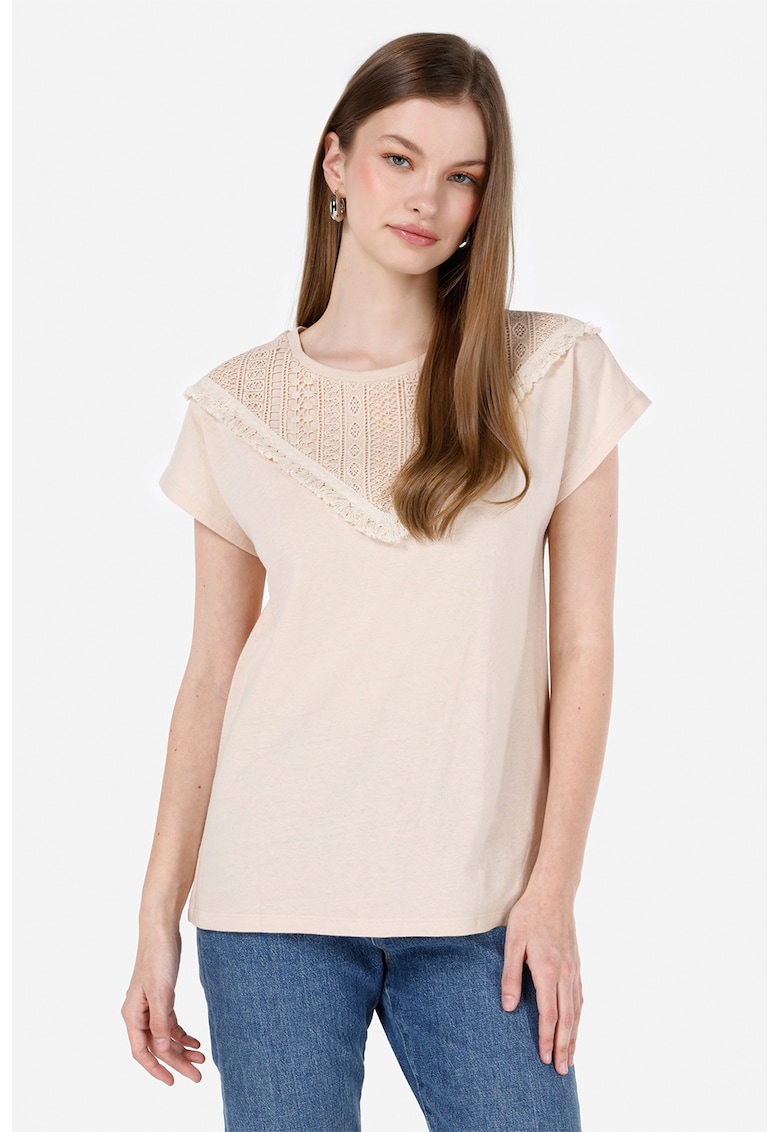 Tricou din bumbac si in - Bej deschis