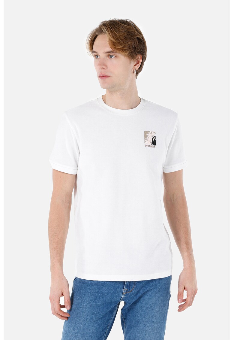 Tricou cu decolteu la baza gatului si imprimeu - Alb optic