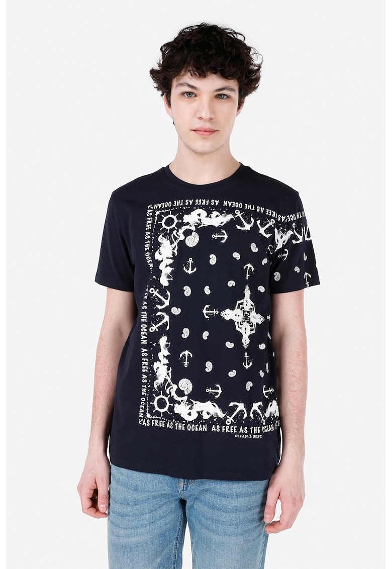 Tricou din bumbac cu imprimeu - Alb/Bleumarin