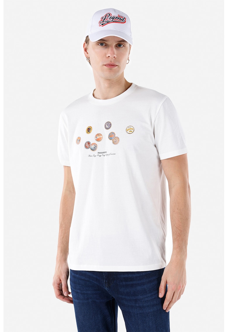 Tricou din bumbac cu decolteu la baza gatului - Alb