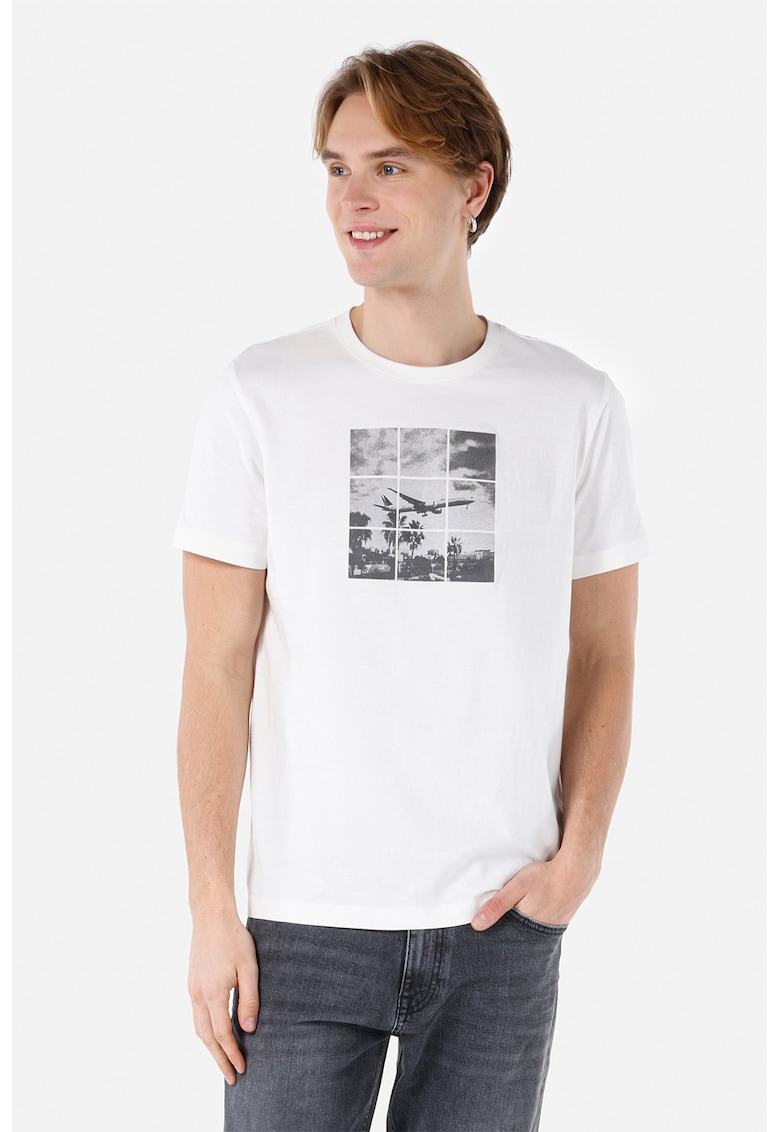 Tricou din bumbac cu decolteu la baza gatului si imprimeu foto