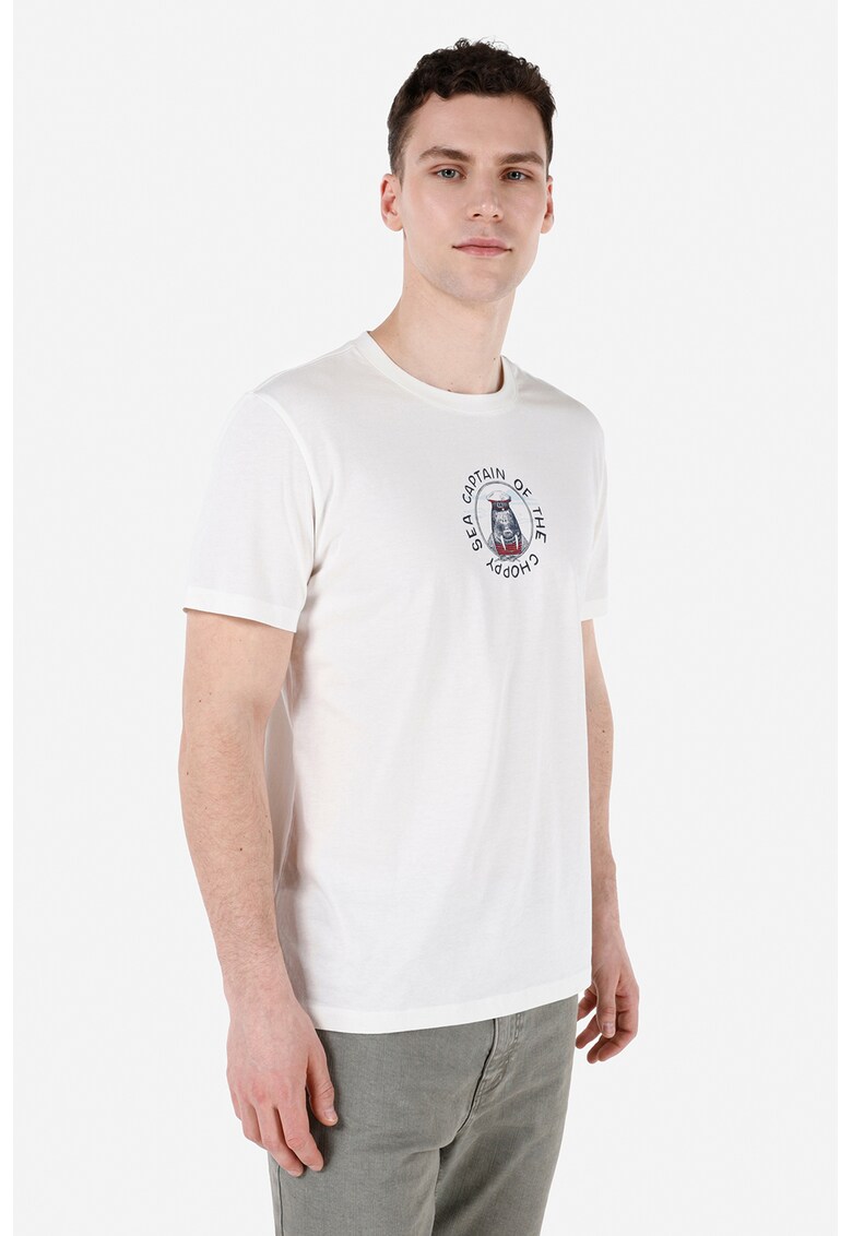 Tricou cu decolteu la baza gatului si imprimeu grafic - Coral/Alb murdar