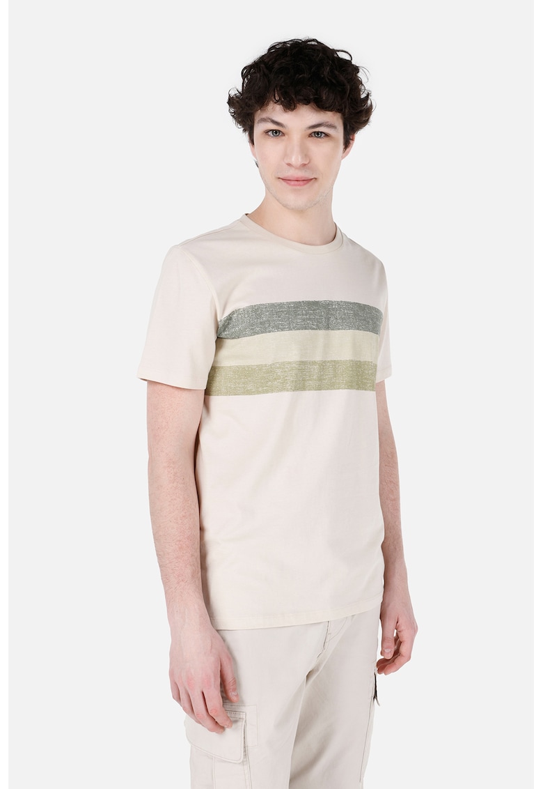 Tricou din bumbac cu decolteu la baza gatului - Alb murdar/Grej