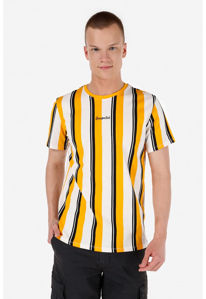 Tricou cu decolteu la baza gatului si model in dungi - Alb/Portocaliu/Negru stins