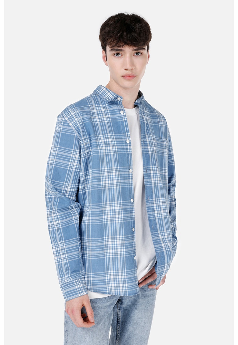 Camasa cu maneci lungi si model in carouri - Albastru pastel/Alb optic