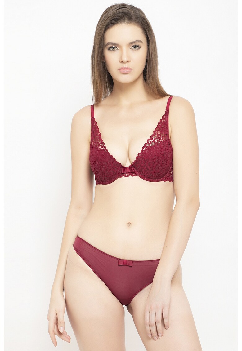 Set de sutien cu burete si insertii de dantela si chiloti - Visiniu
