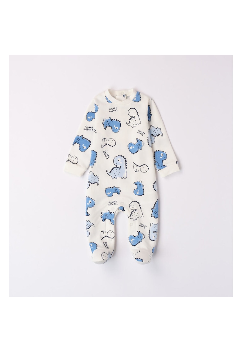 Salopeta lunga cu imprimeu dinozaur pentru bebe baiat - 4.7177 - Alb/Albastru - Alb/Albastru