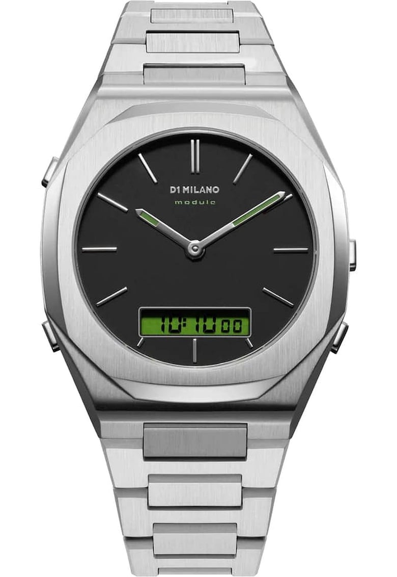 Ceas barbatesc Module 366 - design retro-futurist - bratara din otel - negru - cu afisaj digital