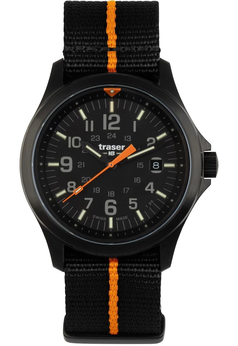 Ceas barbatesc P67 Officer Pro Black - mecanism quartz Ronda 715 - Swiss Made - portocaliu cu negru - 10 ATM - curea NATO
