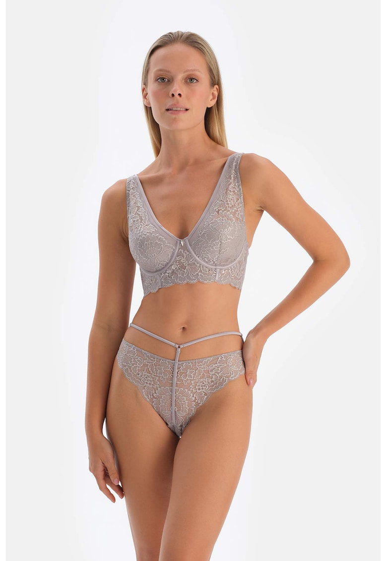 Sutien longline de dantela - Gri deschis