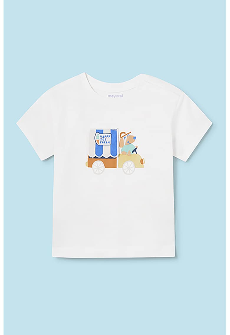 Tricou cu decolteu la baza gatului si imprimeu - de bumbac - Alb/Portocaliu stins/Albastru