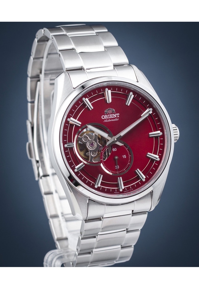 Ceas barbatesc  Contemporary Semi Skeleton Automatic - cadran rosu - bratara otel - 50m rezistent la apa