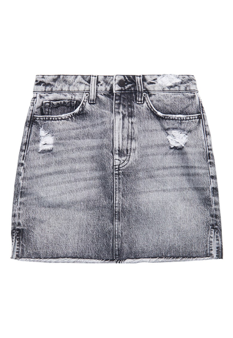Fusta mini din denim cu terminatie cu franjuri si rupturi decorative -