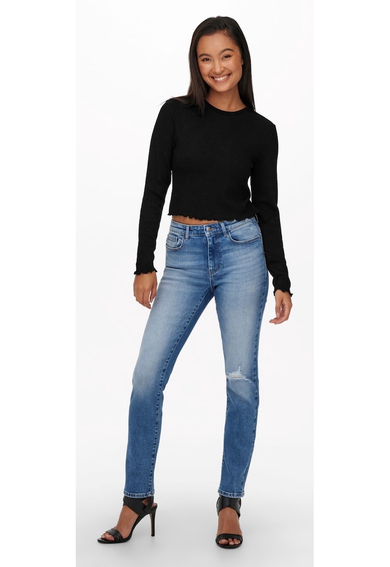 Tricou cu maneci lungi si volane crosetate Topcropped Top - Negru