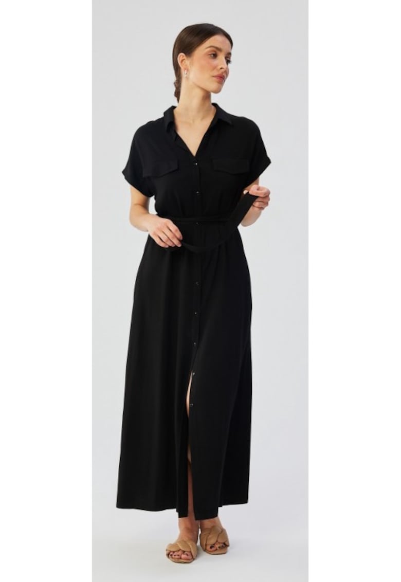 Rochie dama - maxi cu maneci scurte si maneci deschise - Poliester - Negru