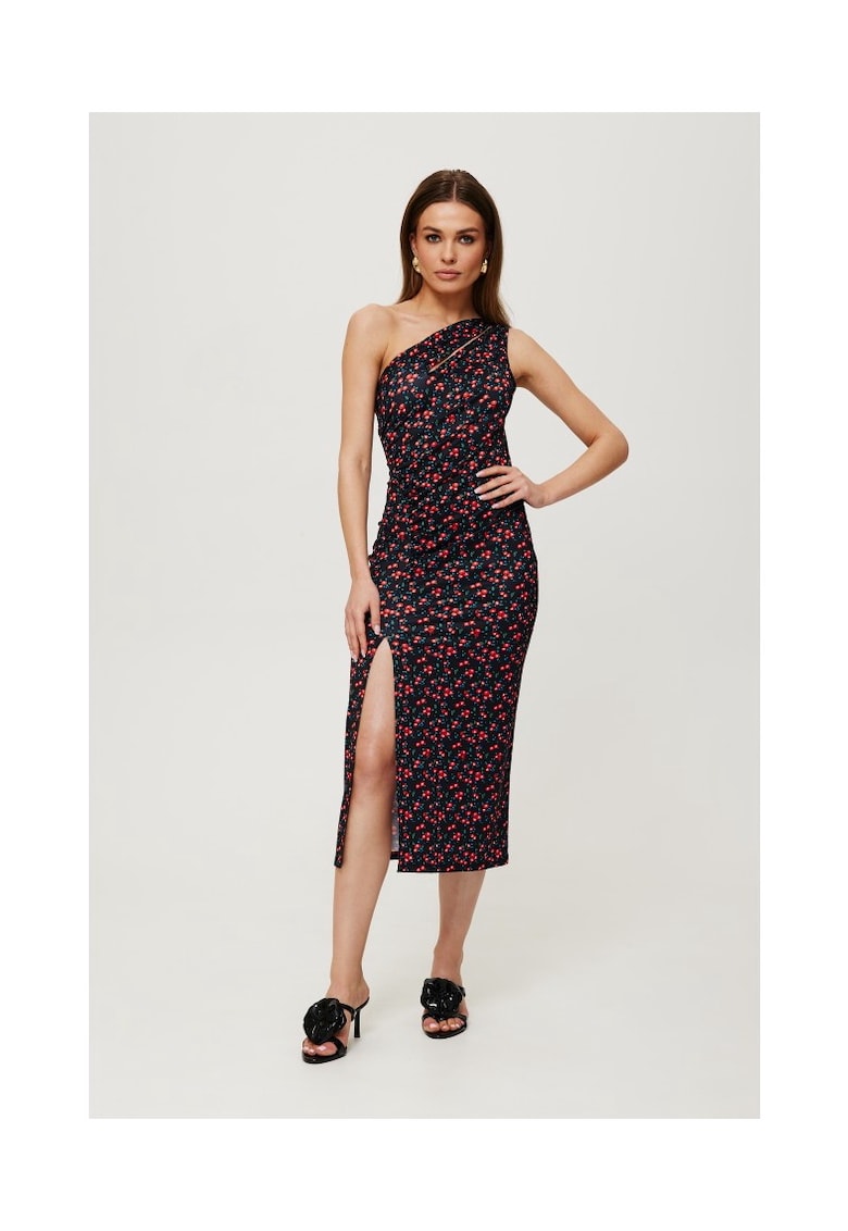 Rochie dama - midi cu imprimeu si decolteu in forma de lacrima - Poliester - Negru - 32878