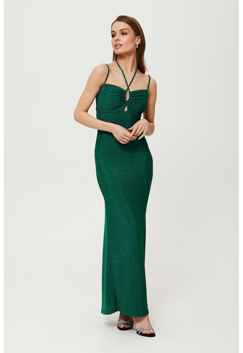 Дамска рокля - метална макси с вратовръзка - полиестер - зелена - Морскосин