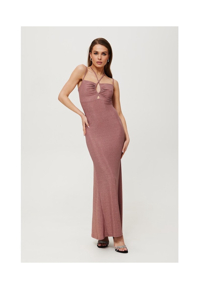 Rochie dama - maxi metalica cu cravata la decolteu - Poliester - Rosu