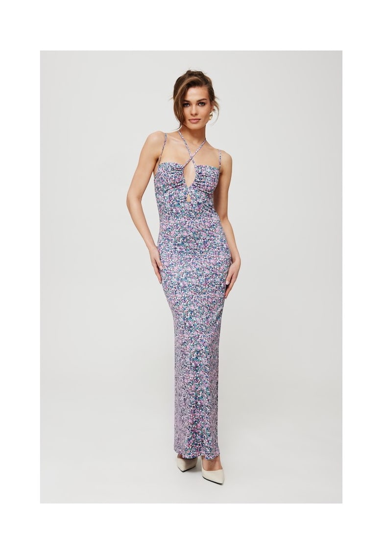 Rochie dama - maxi imprimata cu cravata la decolteu -Poliester - Negru