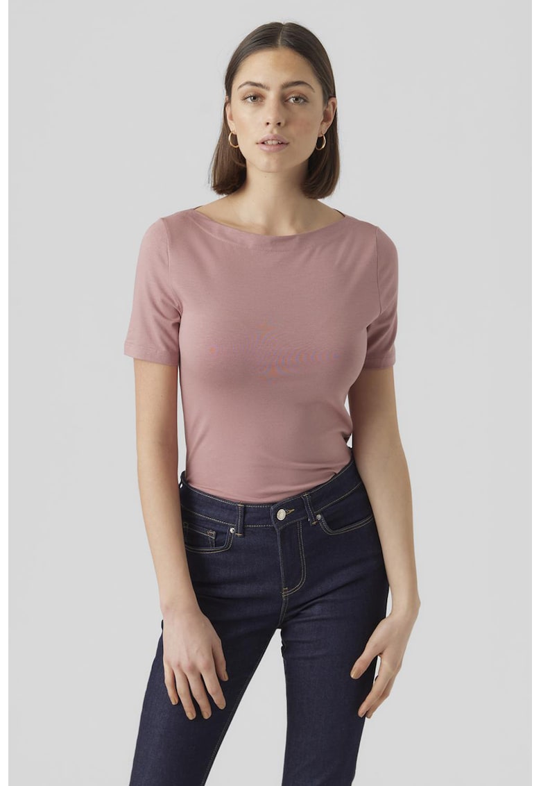 Tricou uni cu decolteu barcuta - Roz prafuit