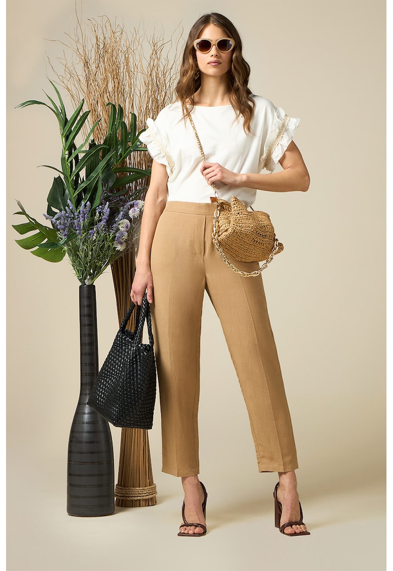 Oltre Pantaloni crop din amestec de in - Bej