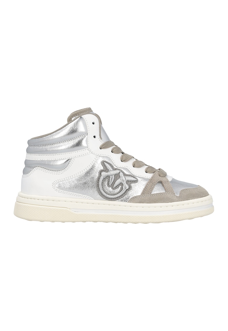 Pantofi sport mid-high cu detalii de piele - Alb/Maro taupe/Argintiu
