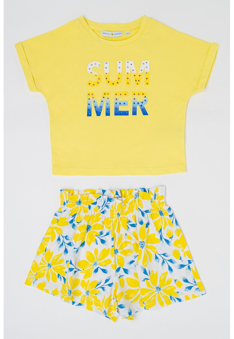 Set de tricou si pantaloni scurti cu imprimeu si strasuri