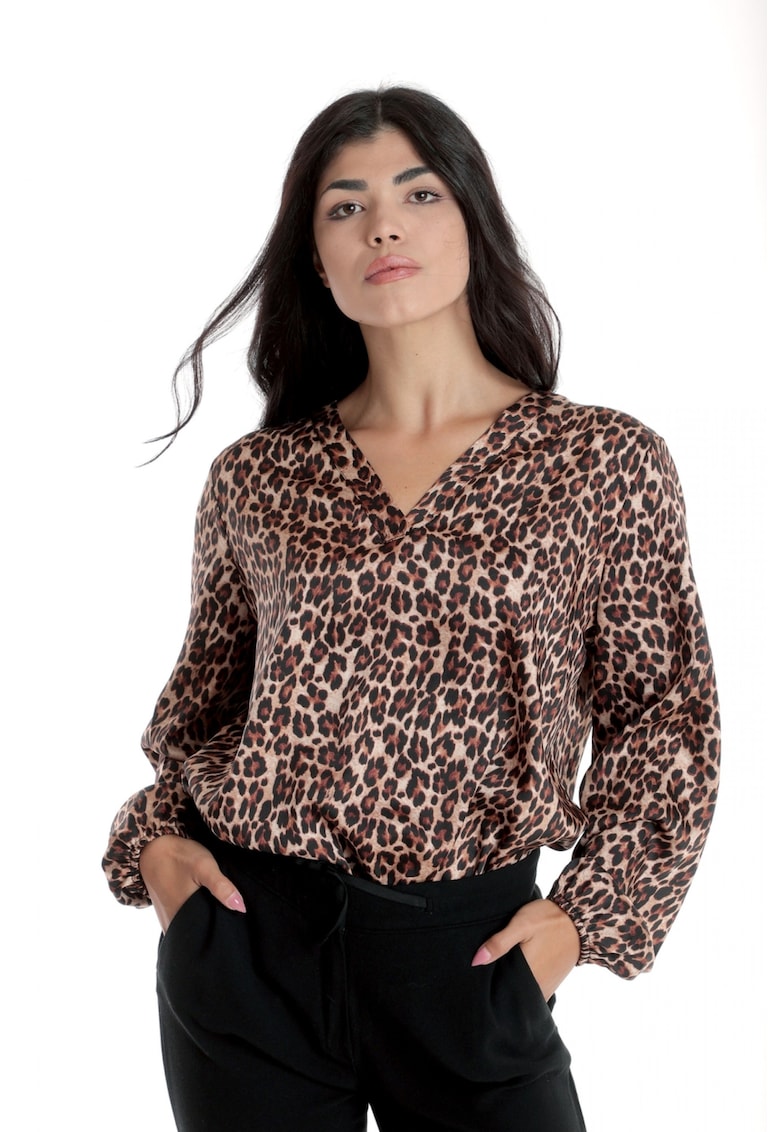 888144258-Bluza Dama cu Decolteu in V - Satin Leopard - Maro