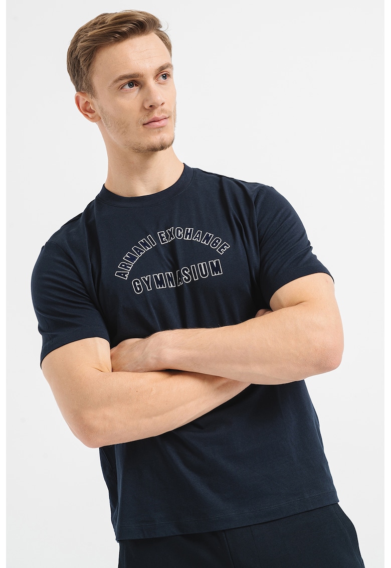 Tricou de bumbac cu decolteu la baza gatului - Bleumarin