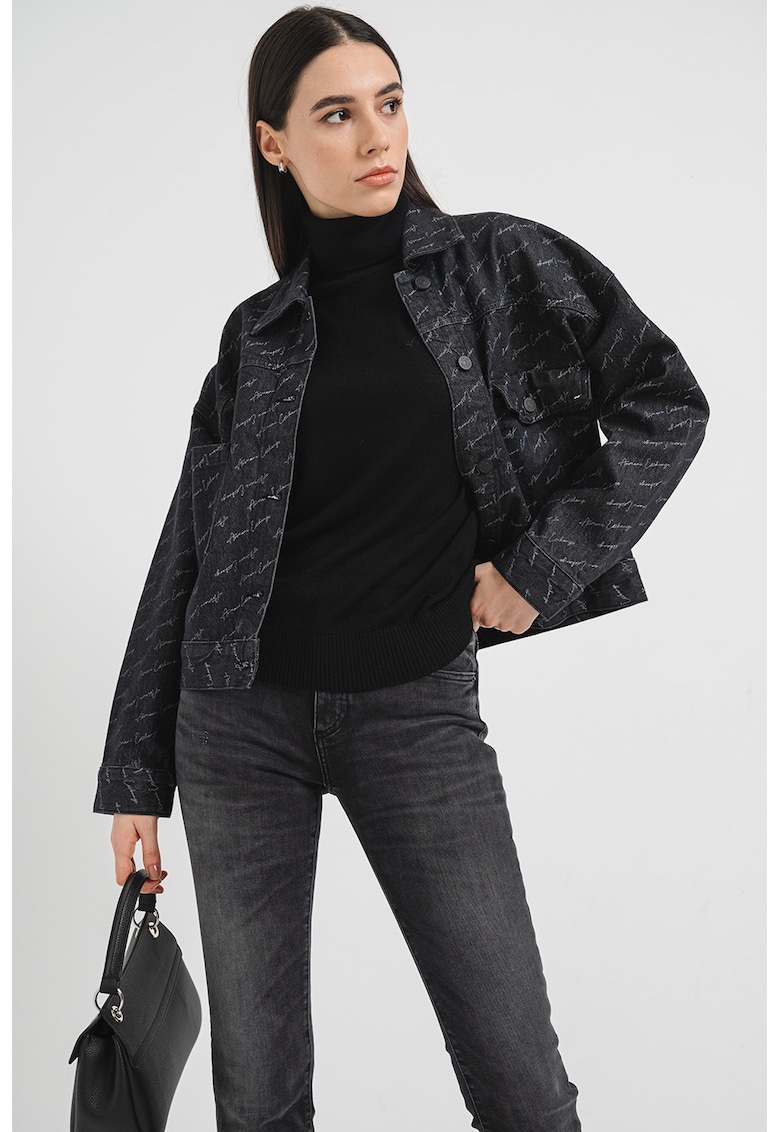 Jacheta din denim cu imprimeu logo si buzunare aplicate