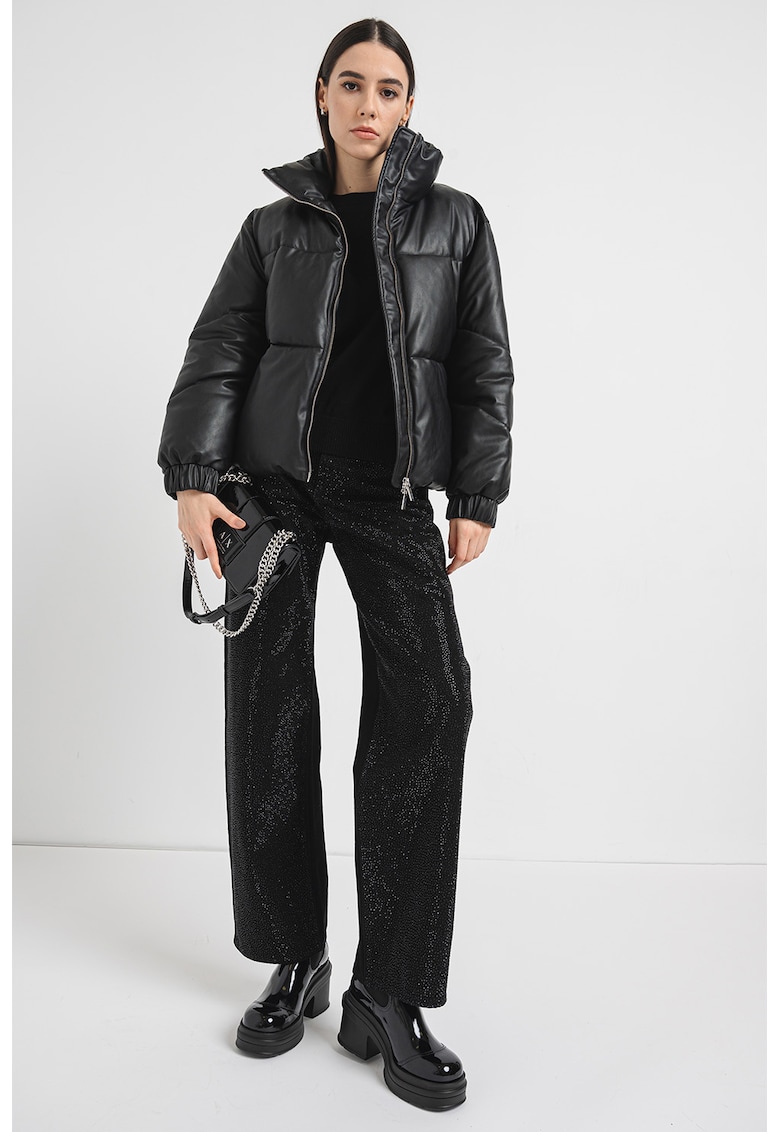 Geaca bufanta din piele ecologica cu buzunare laterale si model matlasat