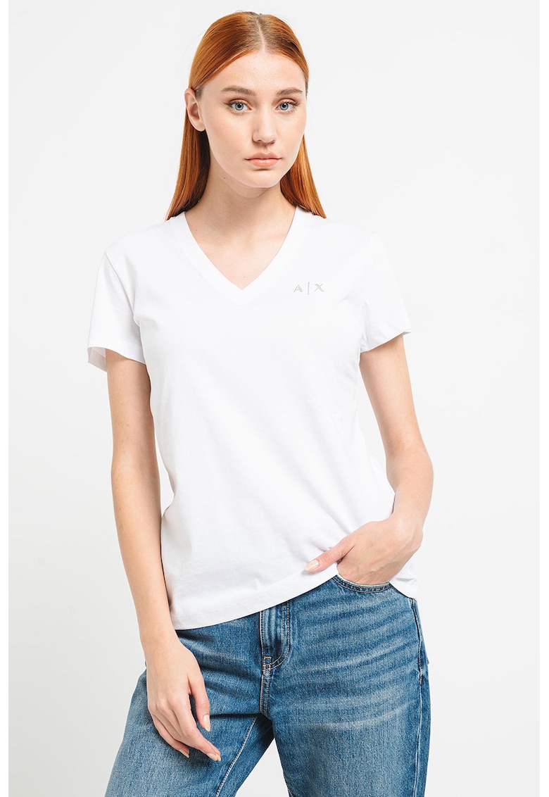 Tricou de bumbac cu decolteu in V - Alb optic