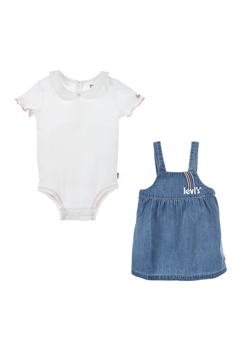 Set de sarafan de denim cu croiala A si body cu guler Peter Pan