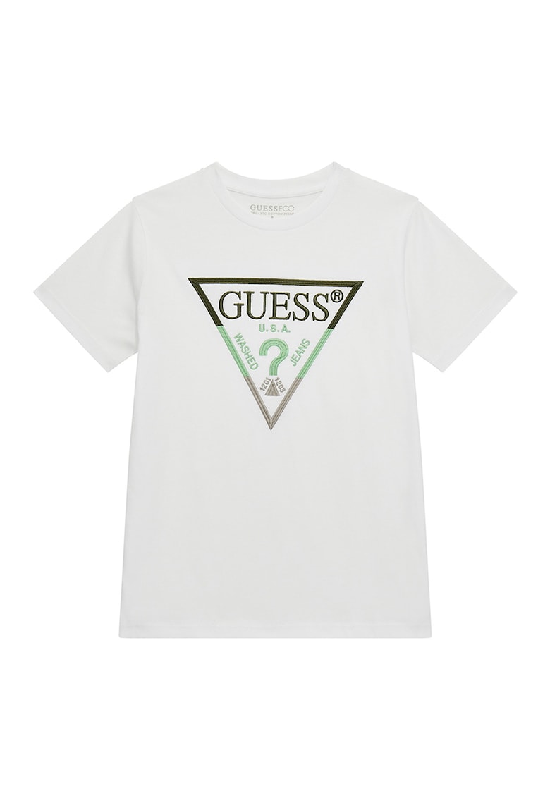 GUESS - Tricou cu logo brodat si decolteu la baza gatului