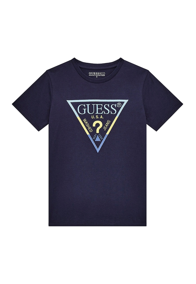 GUESS - Tricou cu logo brodat si decolteu la baza gatului