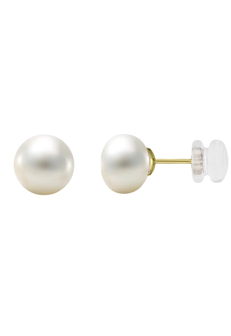 Cercei Aur 585 - 14K cu perle naturale albe tip buton - 7 -5mm - Dopuri aur silicon
