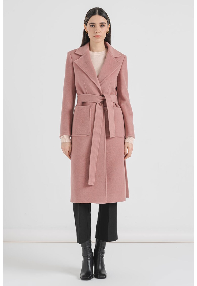 Palton din lana virgina cu croiala petrecuta Runaway - Roz prafuit
