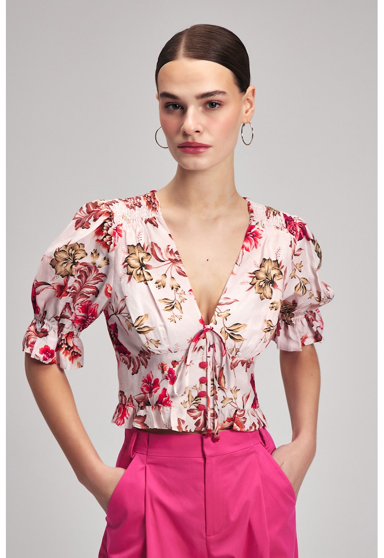 Bluza cu imprimeu floral si maneci bufante