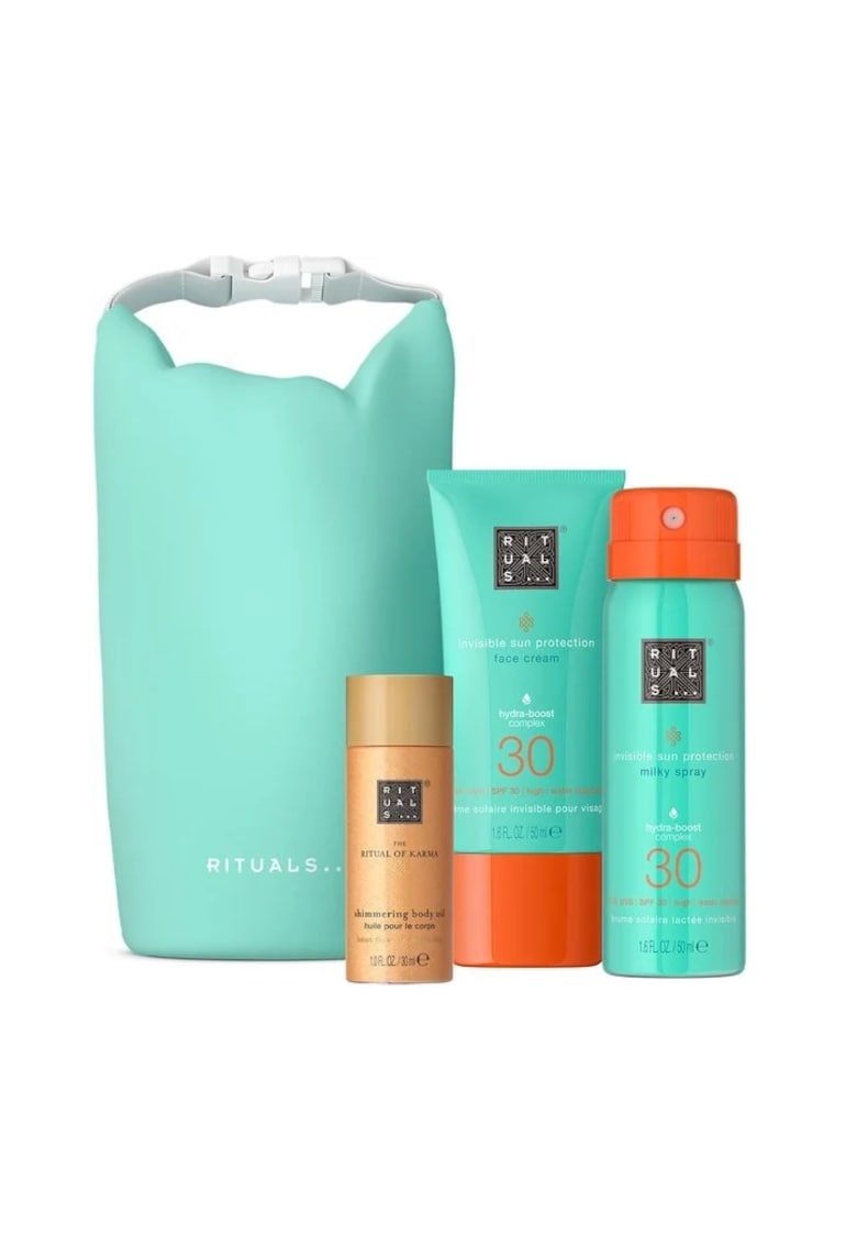Set  The Ritual of Karma - Crema solara faciala SPF 30 - 50 ml + Spray laptos de protectie solara SPF 30 - 50 ml + Ulei stralucitor de corp - 30 ml