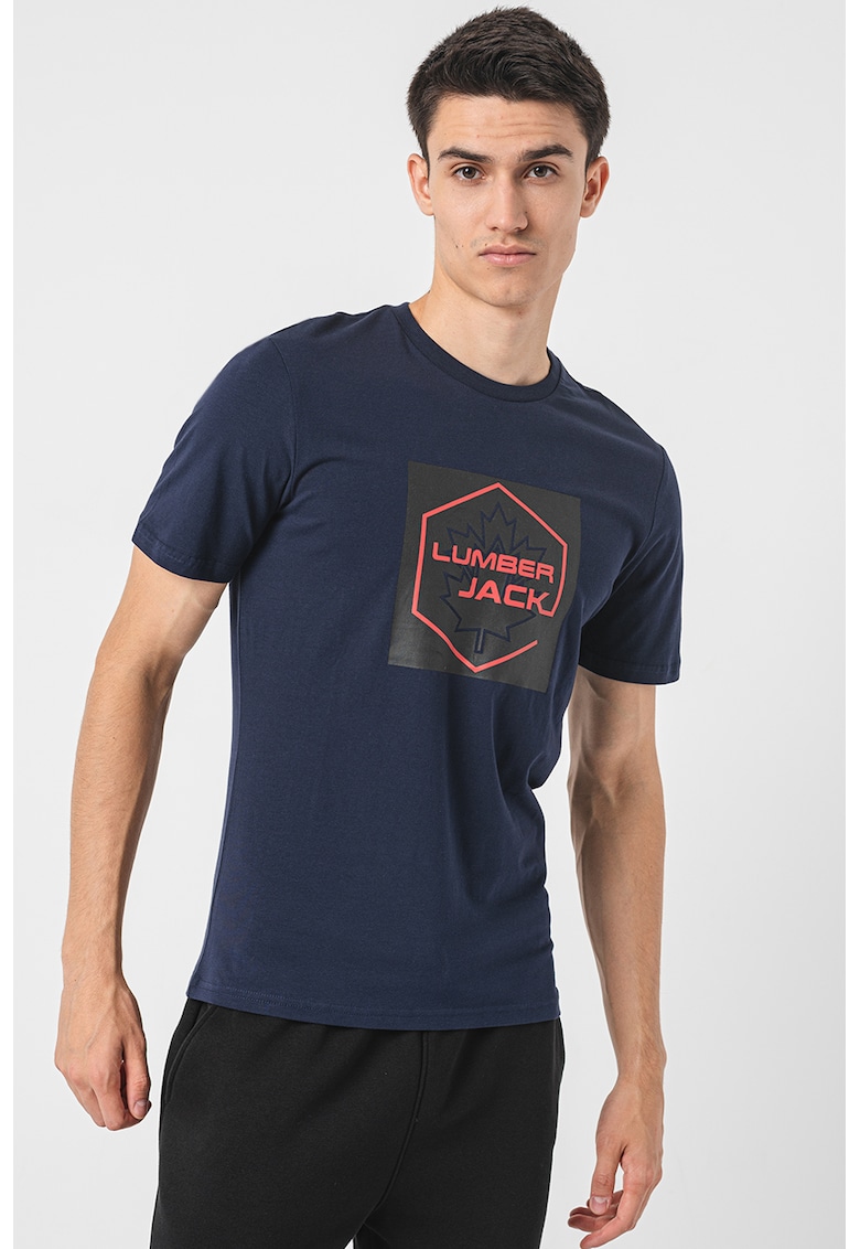 Tricou cu decolteu la baza gatului si imprimeu logo - Negru/Rosu vermillion/Bleumarin
