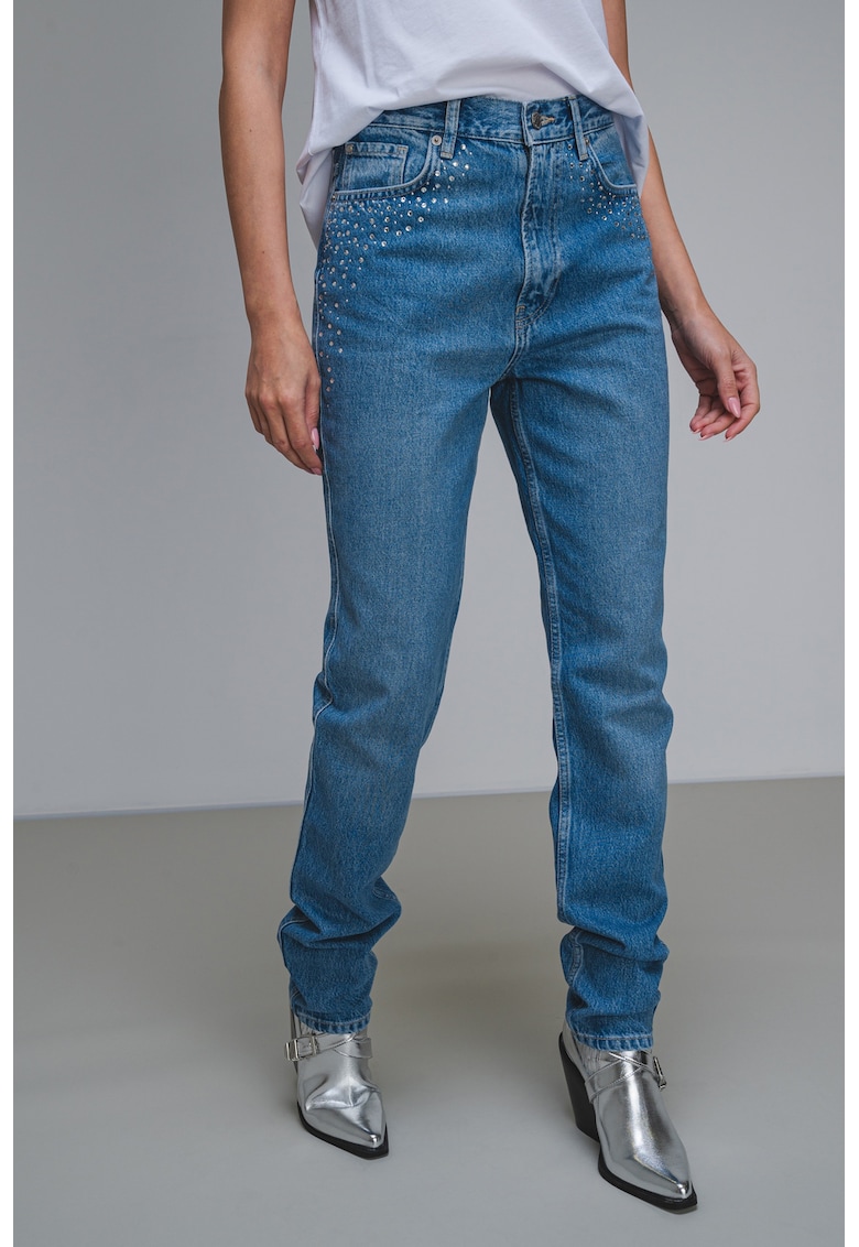 Blugi slim-fit cu aplicatii cu strasuri