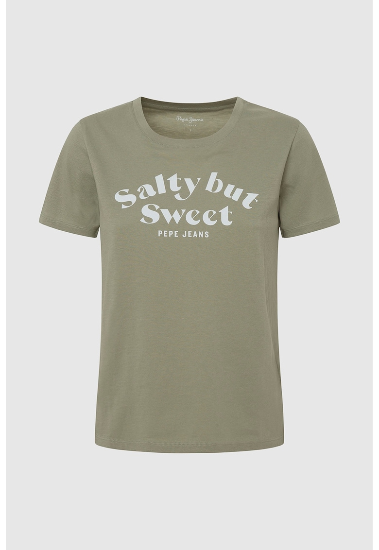 Tricou cu decolteu la baza gatului si imprimeu text Effie - Kaki/Alb murdar