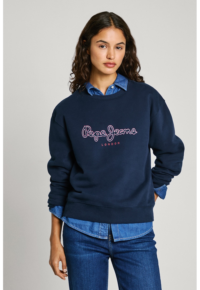 Bluza de trening cu imprimeu logo si decolteu la baza gatului - Bleumarin