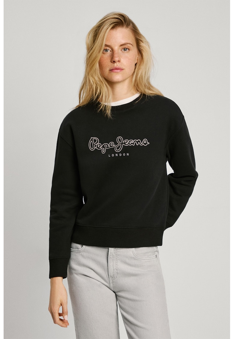 Bluza de trening cu imprimeu logo si decolteu la baza gatului Bluza de trening cu imprimeu logo si decolteu la baza gatului