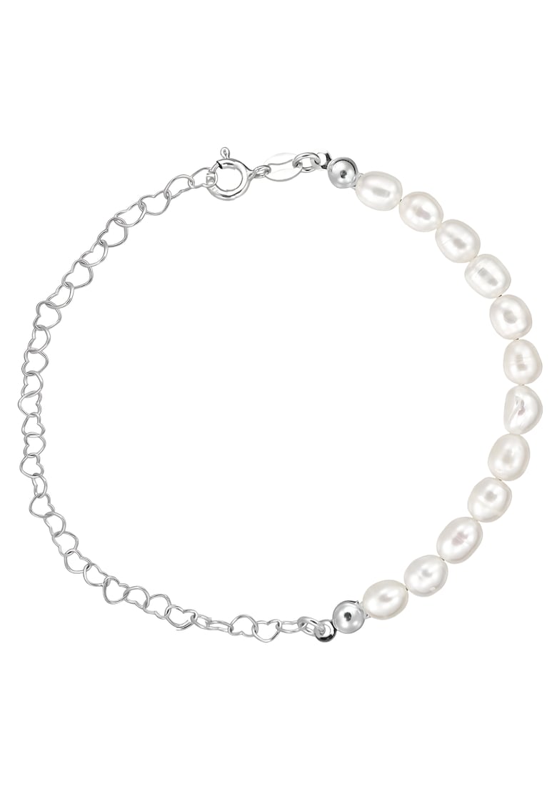 Bratara Pentru Picior/Glezna argint 925 cu perle de cultura albe 6mm - tip bob de orez + lant inimi - inchizatoare clasica