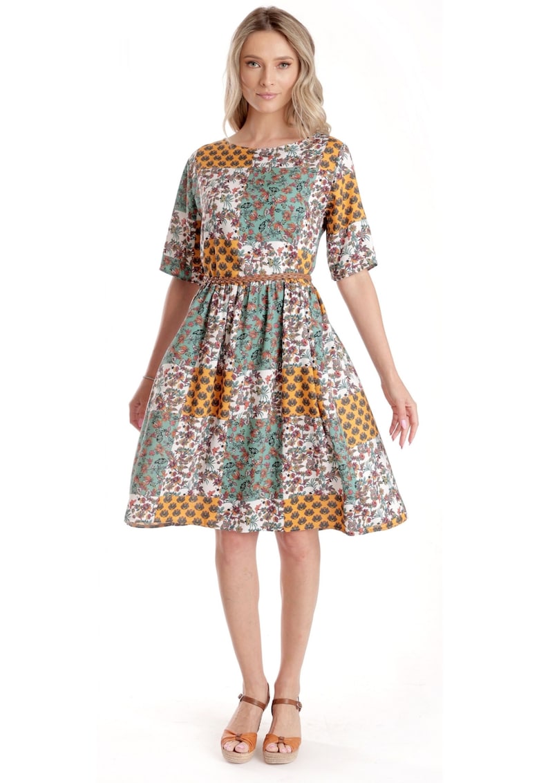 Rochie Medie Dama V275 - Imprimeu Combinat Crem - Mustar si Verde