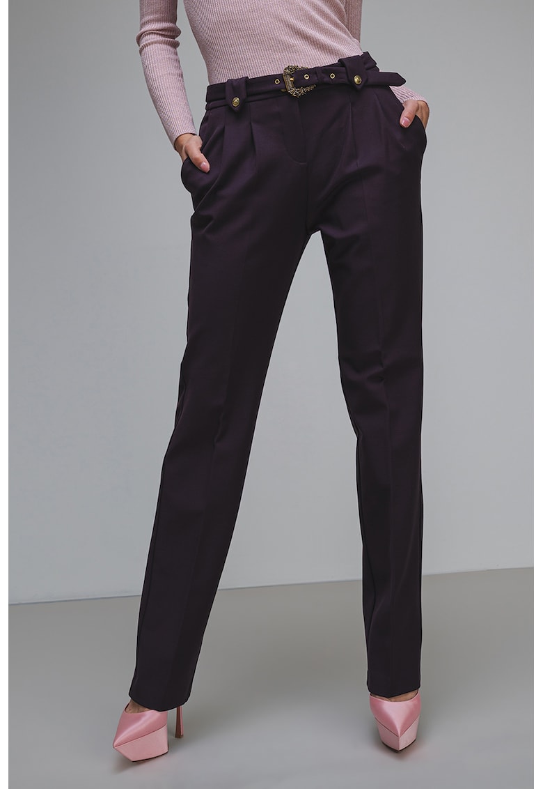 Pantaloni cu croiala dreapta - curea in talie si pliuri frontale - Violet pruna