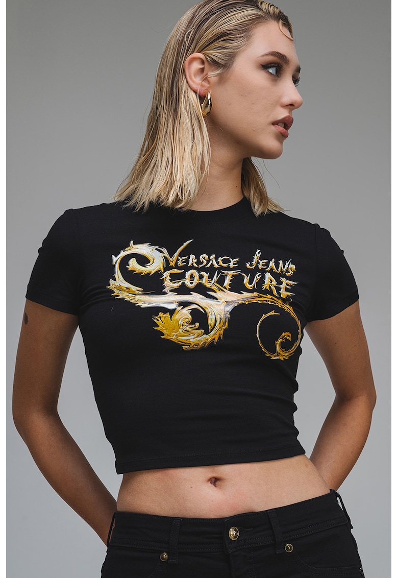 Tricou crop din amestec de bumbac - Auriu/Negru