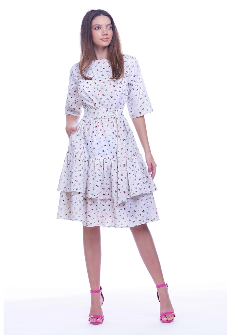 Rochie evazata cu model floral si cordon in talie - Galben/Alb murdar/Roz