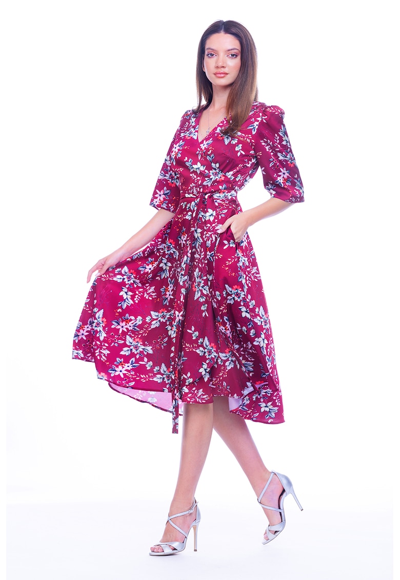 Rochie cu croiala petrecuta si buline - Roz zmeuriu/Albastru